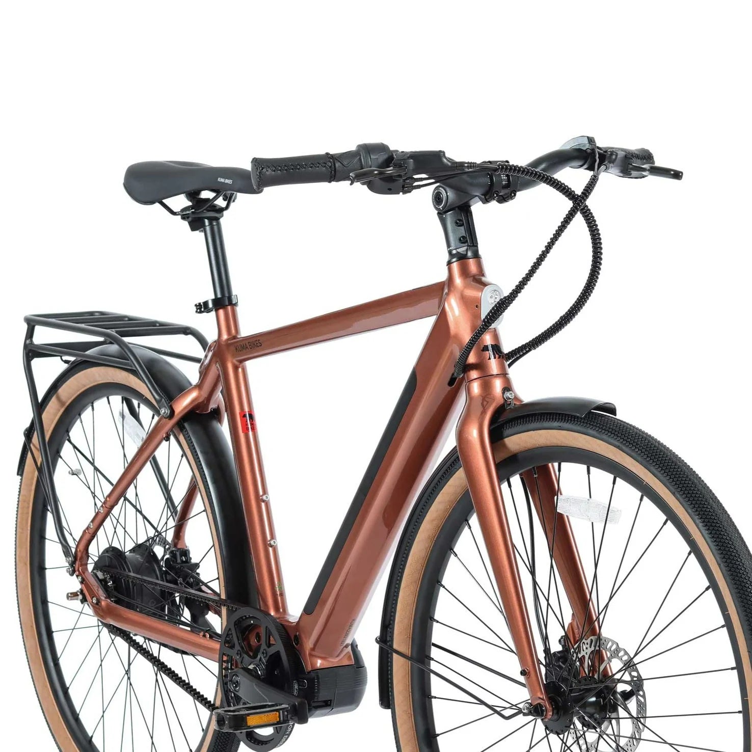 Product image of the Kuma M1 electric bike against a white background. The frame colour is gloss copper. The photo is taken from the front right of the bike.