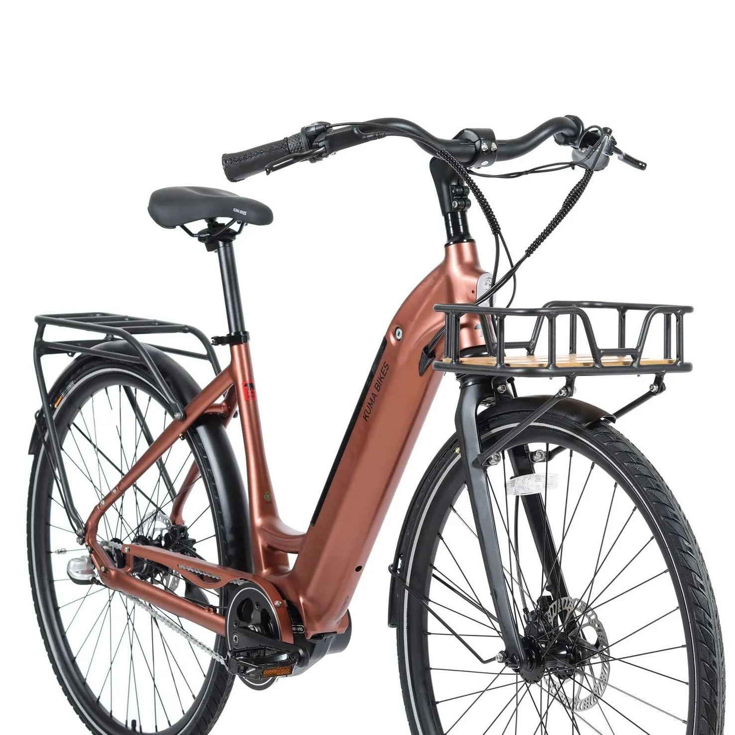 Product image of the Kuma S1 electric bike with a matt copper bronze frame colour. The bike is pictured from the front and to the right against a white background.