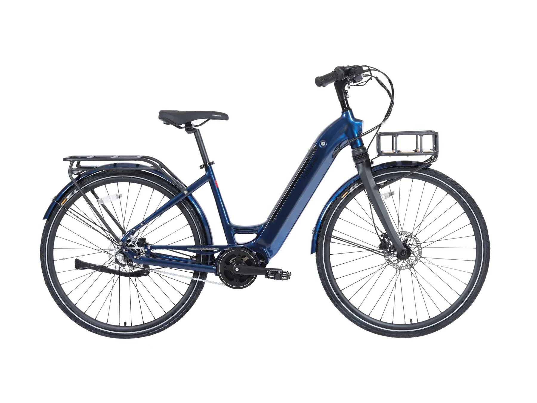 Product image of the Kuma S1 electric bike with a navy metallic frame colour. The bike is pictured from the side against a white background.