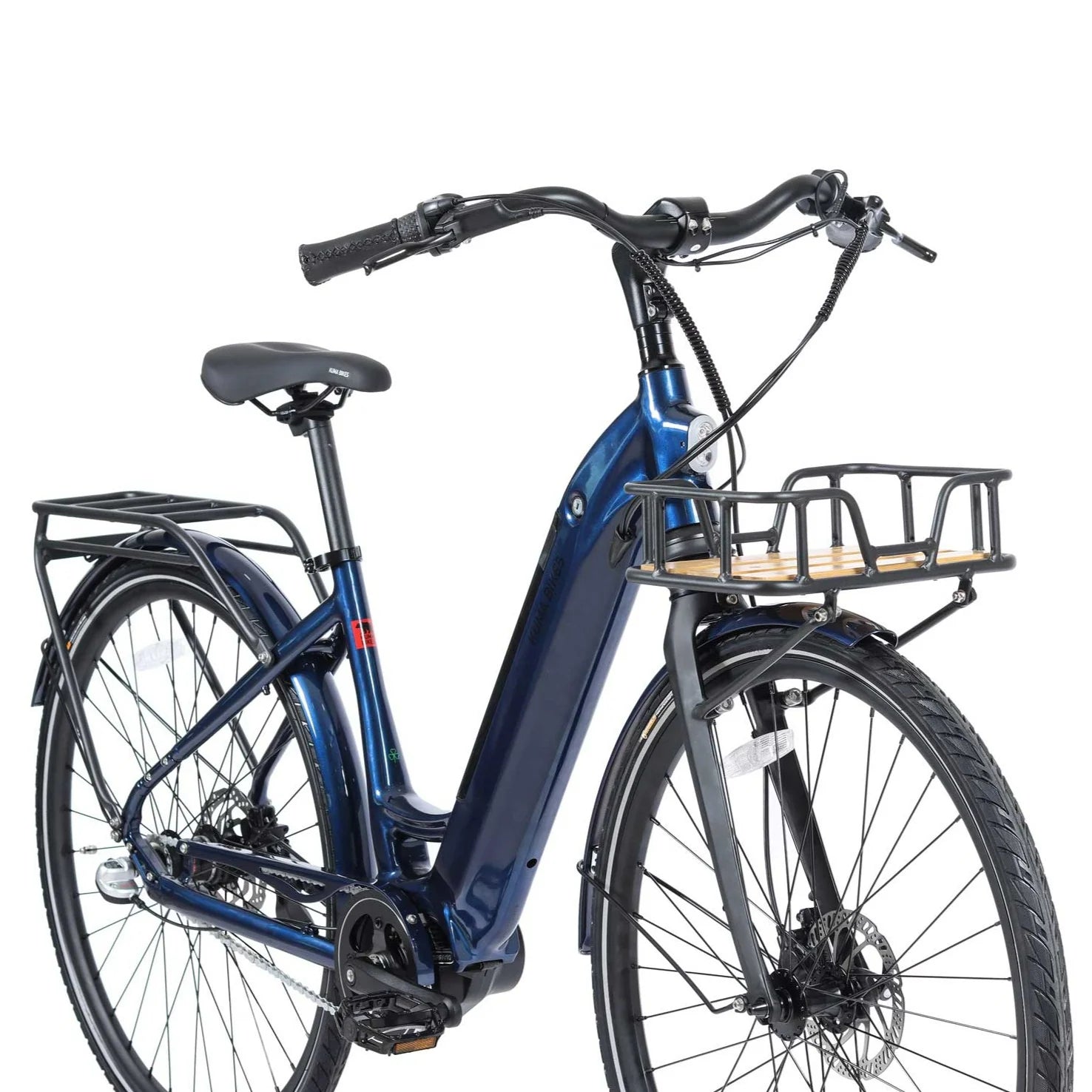 Product image of the Kuma S1 electric bike with a navy metallic frame colour. The bike is pictured from the front and to the right against a white background.