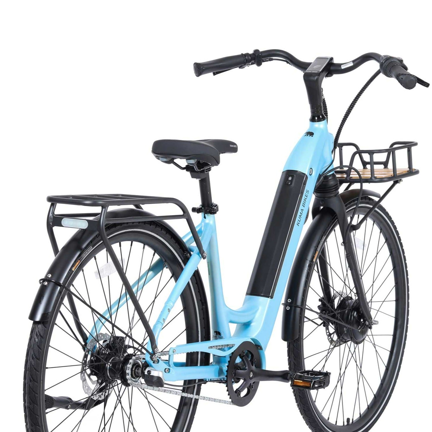 A product image of the Kuma S2 electric bike showing the rear & right side of the bike against a white background. The frame colour is Glacier Blue.