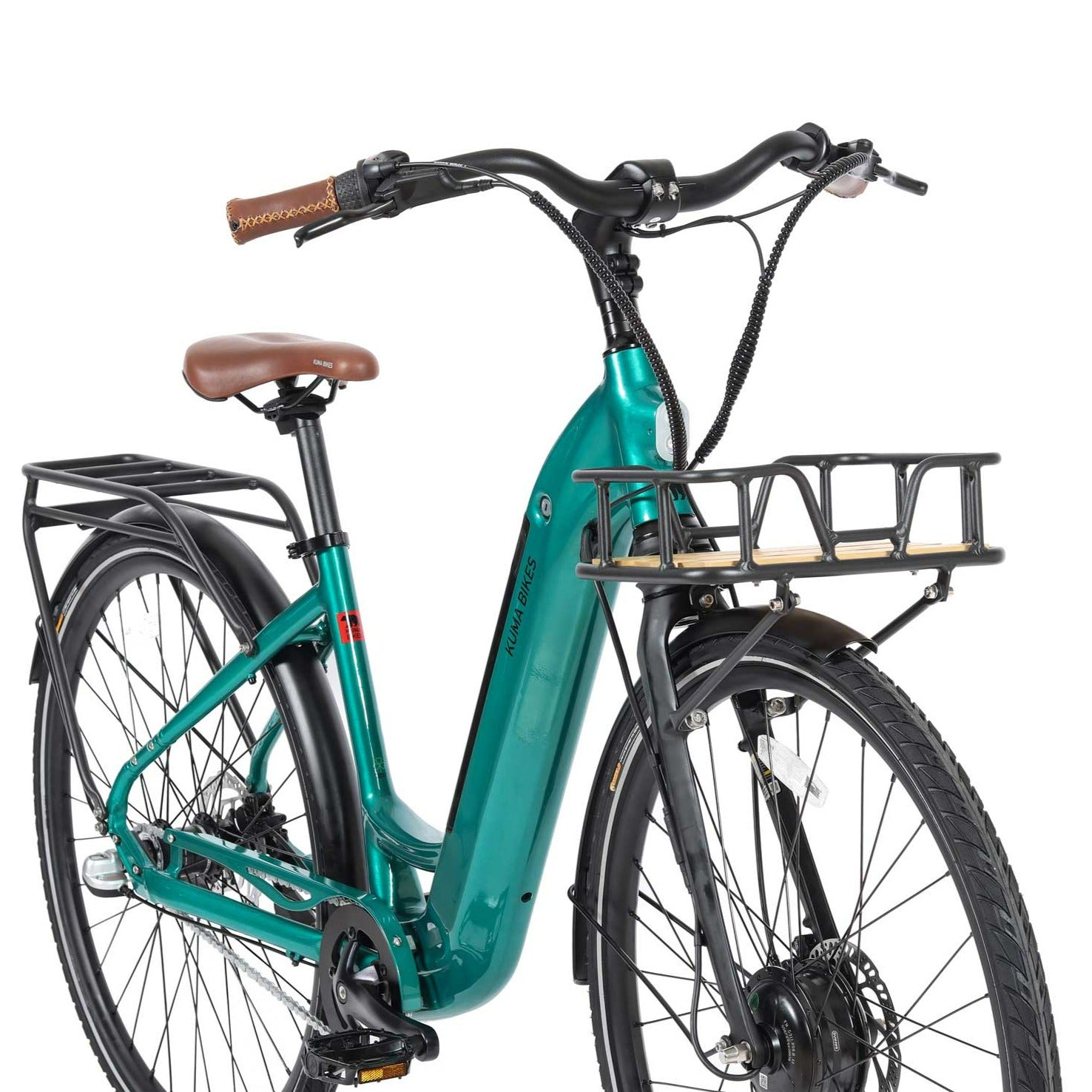 A product image of the Kuma S2 electric bike showing the front and right side of the bike against a white background. The frame colour is Emerald Green..