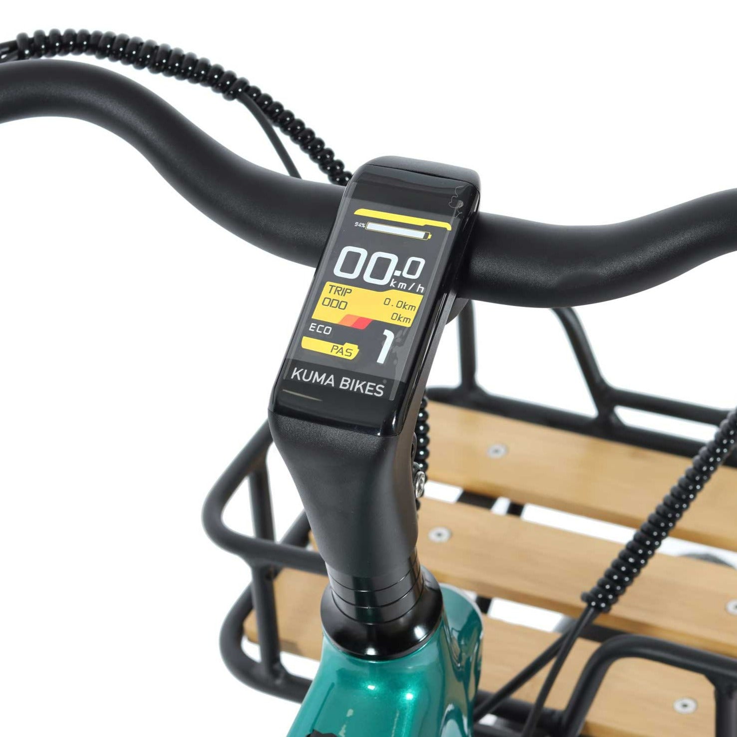 A close-up photo showing the detail of the LCD display on the Kuma S2 electric bike. The frame colour is Emerald Green..