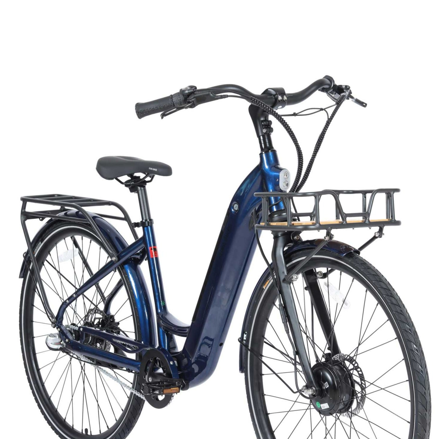 A product image of the Kuma S2 electric bike showing the front and right side of the bike against a white background. The frame colour is Navy Metallic.