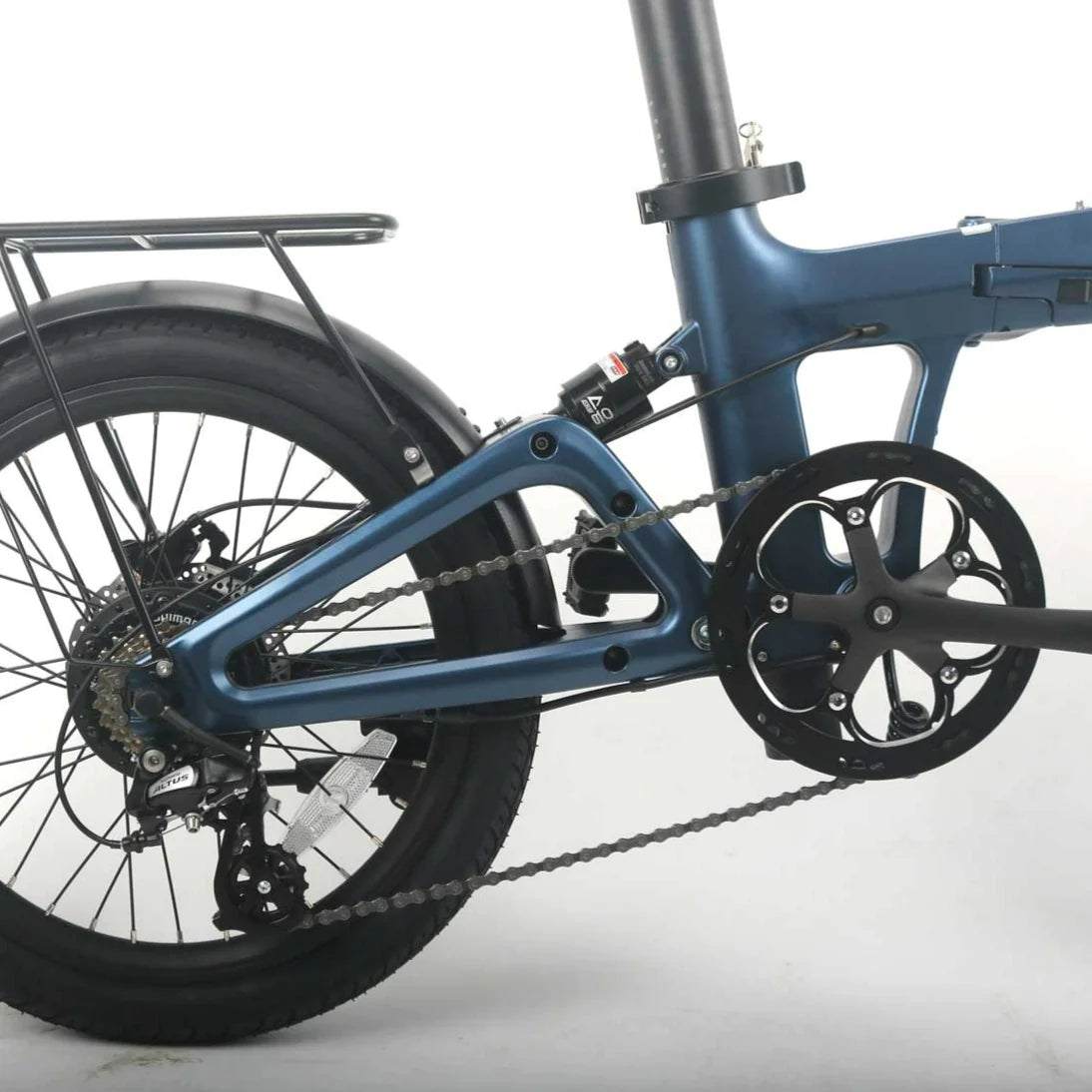 A close up photo of the drivetrain and rear wheel of the Kuma F1 folding electric bike which is available to buy from Bleeper.
