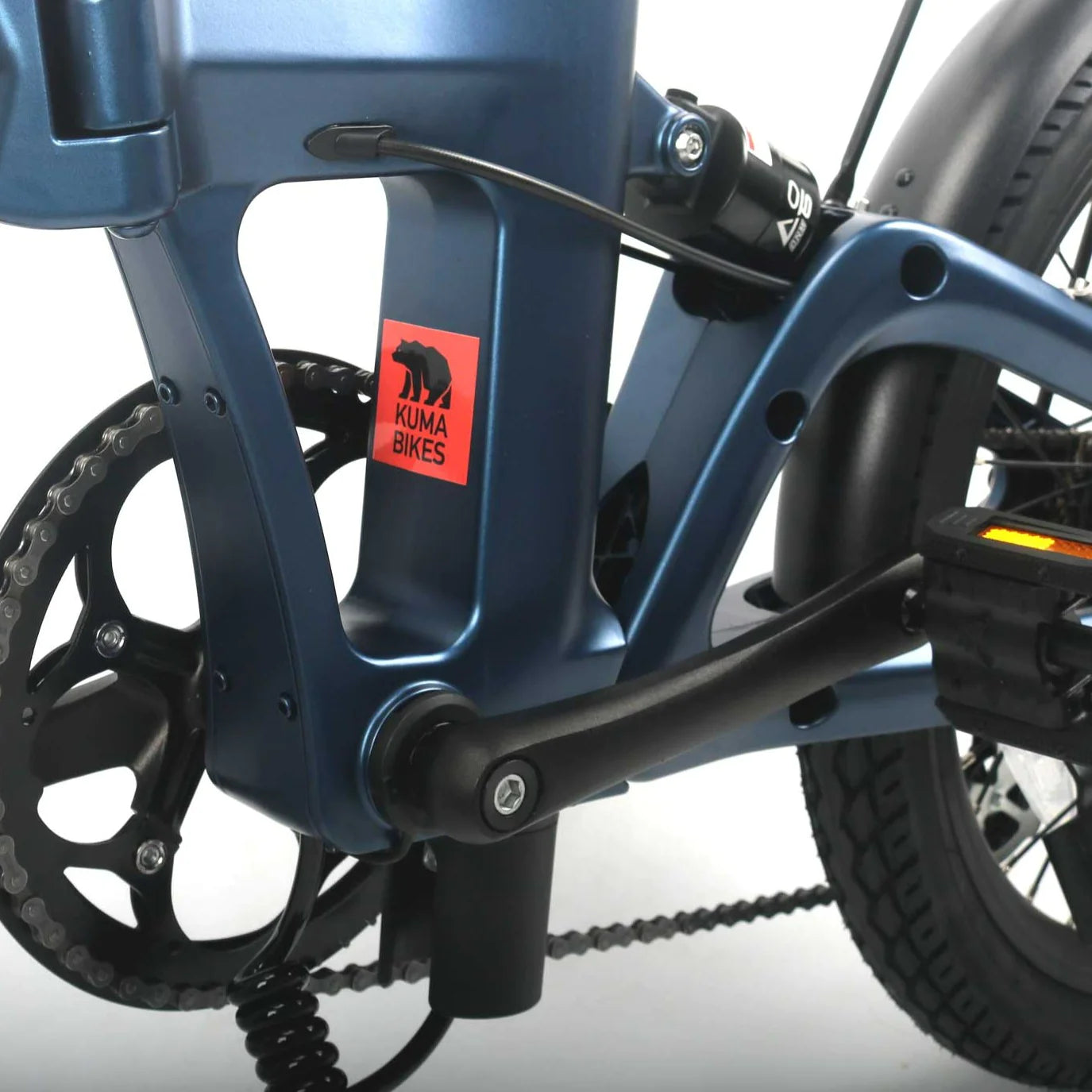 A close-up photo of the frame and hinge point of the Kuma F1 folding electric bike, which is available to buy from Bleeper.