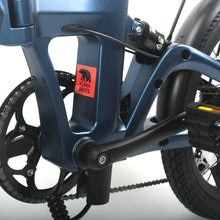 Load image into Gallery viewer, A close-up photo of the frame and hinge point of the Kuma F1 folding electric bike, which is available to buy from Bleeper.
