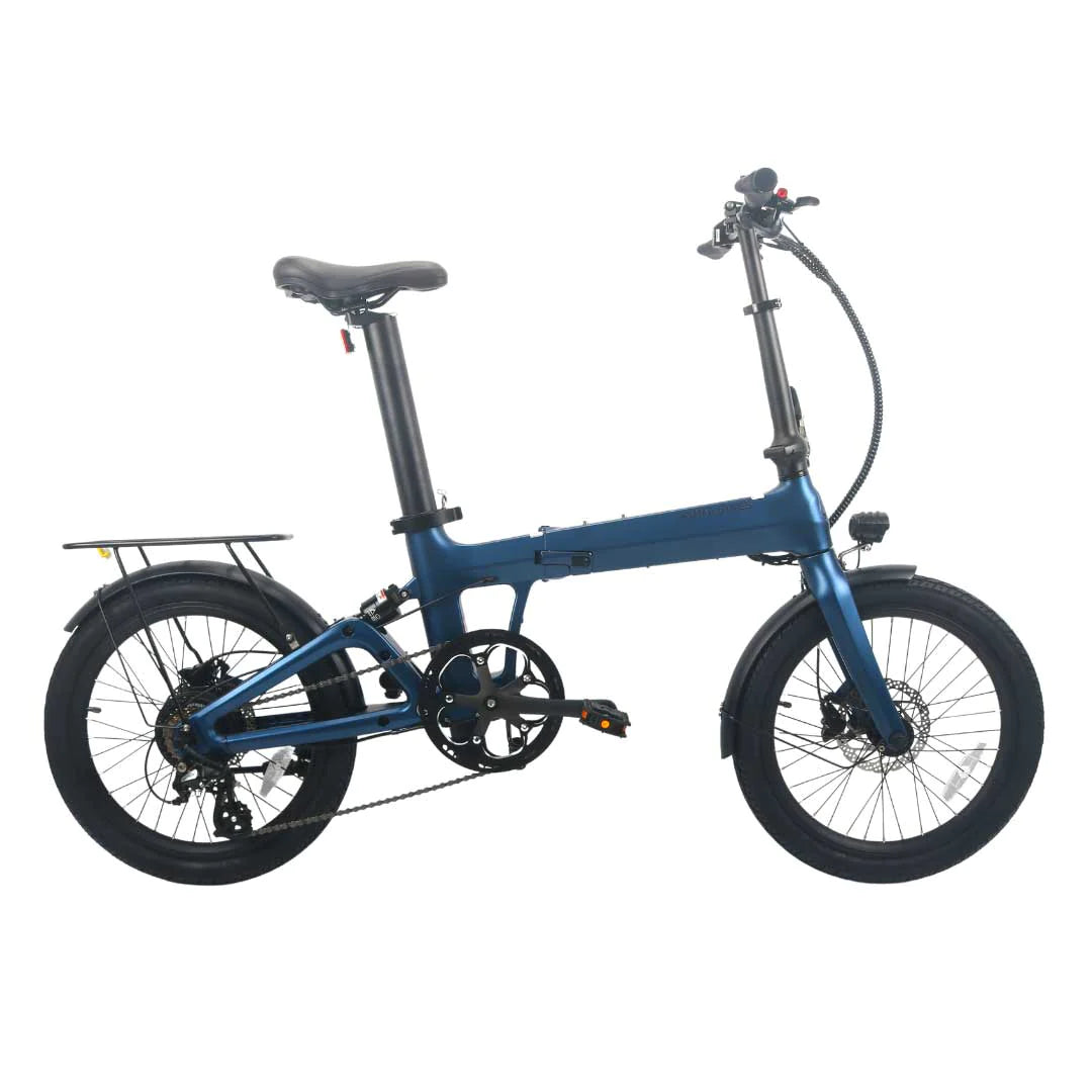 A product image of the Kuma F1 folding electric bike showing the right hand side of the bike with its Matt Ocean Blue frame colour. The Kuma F1 is available to buy from Bleeper. 