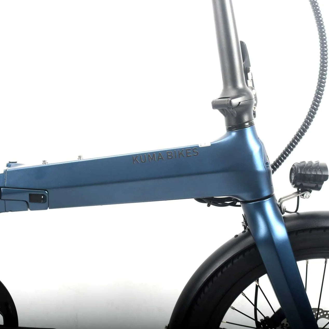 A close up photo of the magnesium frame of the Kuma F1 folding electric bike with its Matt Ocean Blue finish. The Kuma F1 is available to buy from Bleeper.