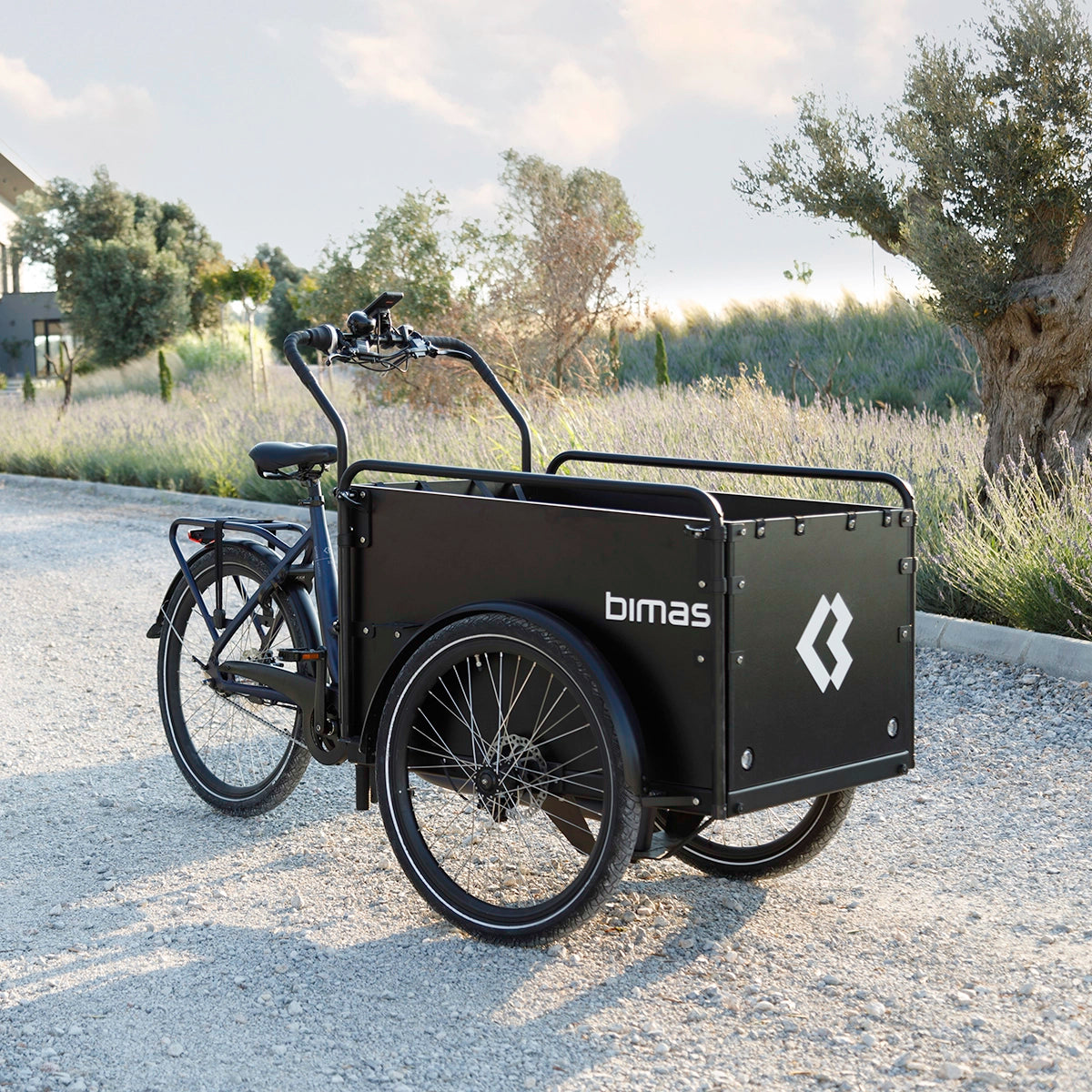 A photo of a Bimas ecargo electric cargo bike in a rural setting on a sunny day.