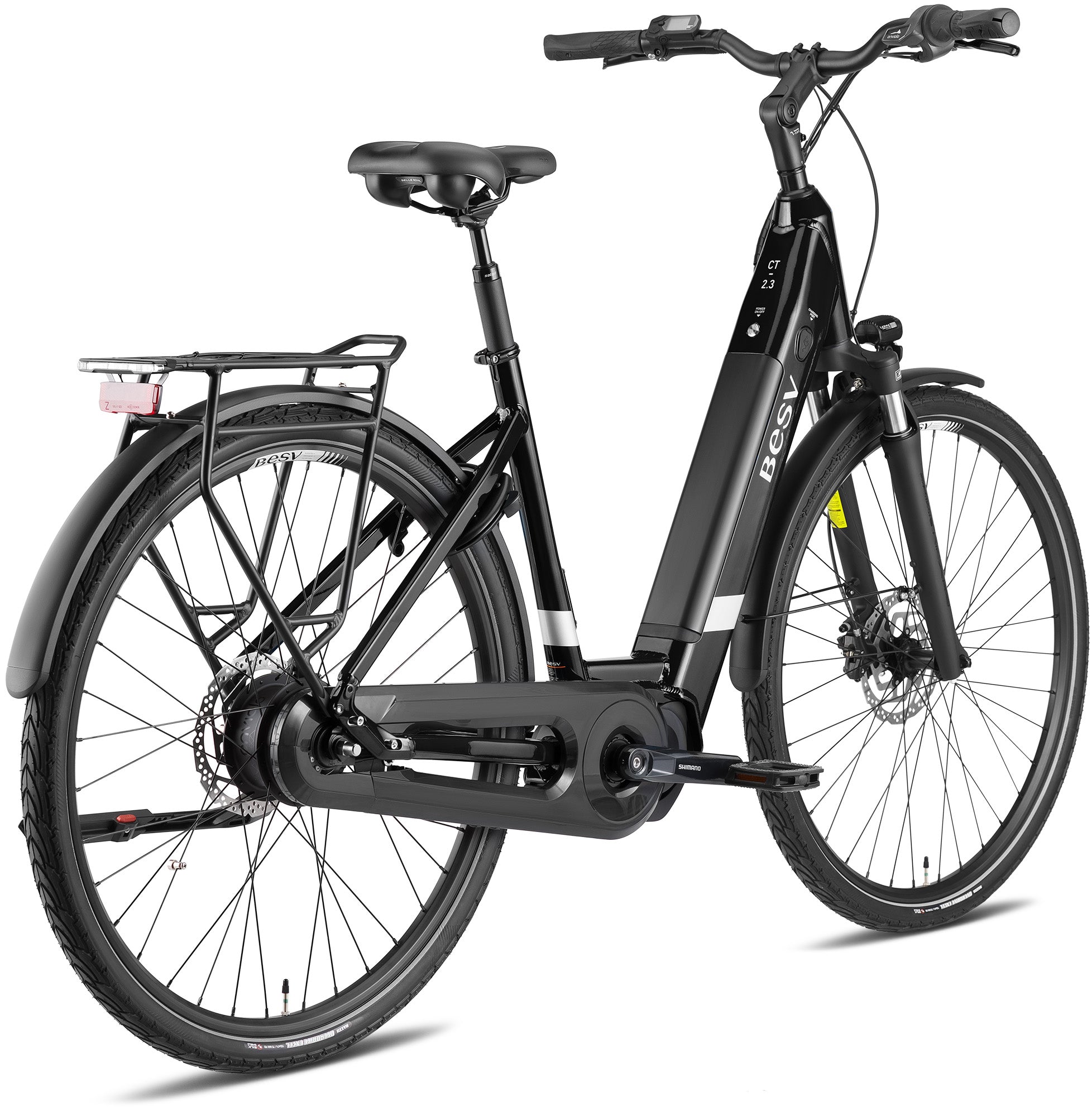 Product image of the BESV CT 2.3 electric bike with the step-through frame variant, in the colour night black, shown from the back right of the bike.