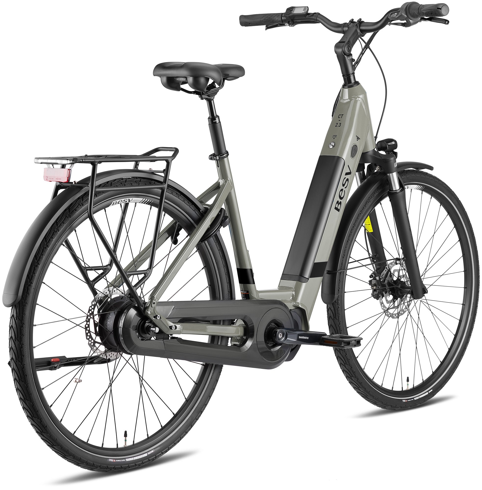 Product image of the BESV CT 2.3 electric bike with the step-through frame variant, in the colour rock grey, shown from the back right of the bike.