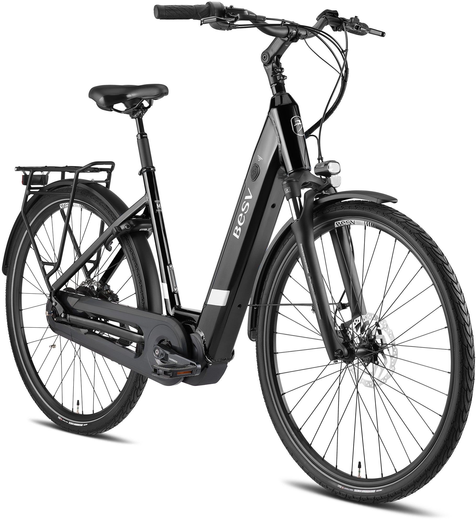 Product image of the BESV CT 2.3 electric bike with the step-through frame variant, in the colour night black, shown from the front right of the bike.