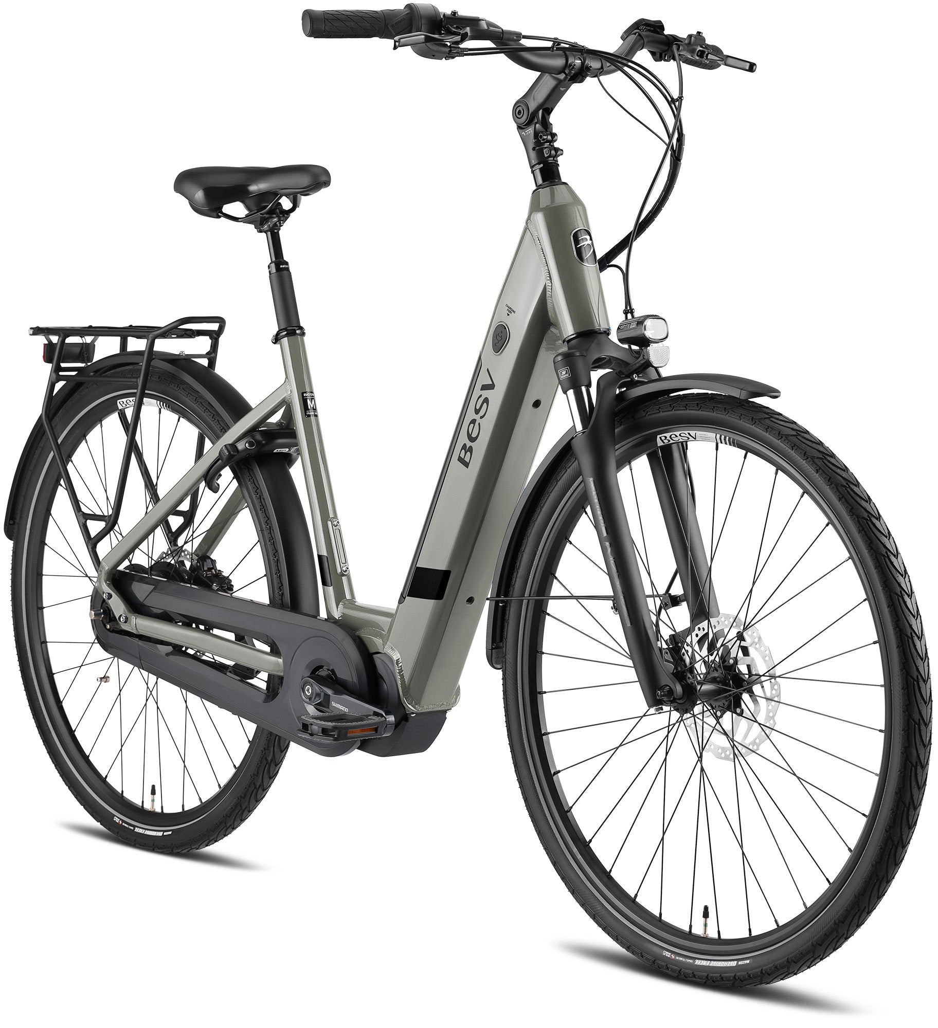 Product image of the BESV CT 2.3 electric bike with the step-through frame variant, in the colour rock grey, shown from the front right of the bike.