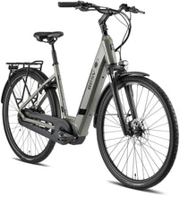 Load image into Gallery viewer, Product image of the BESV CT 2.3 electric bike with the step-through frame variant, in the colour rock grey, shown from the front right of the bike.
