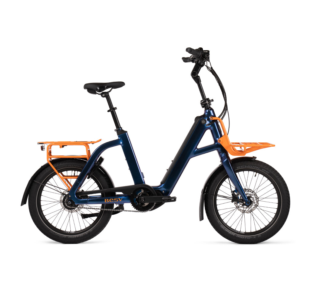 Product image of the BESV CPT 2.3 Compact Electric Bike with dark navy frame, taken from the right side. 