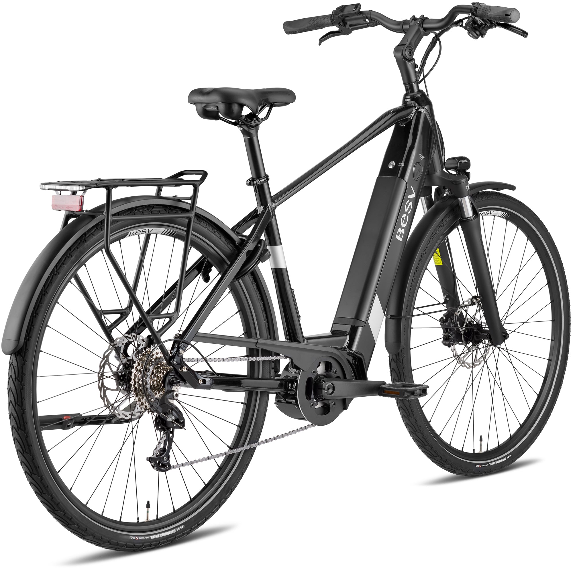 A product image of the BESV TR 2.1 electric bike, showing the crossbar frame variant in a black colour, shown from the back right side.