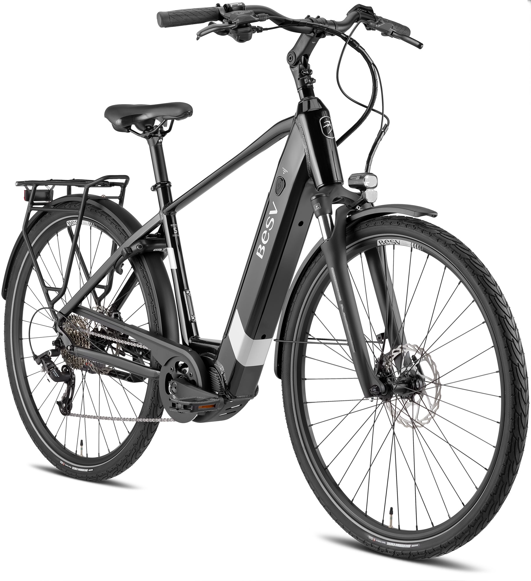 A product image of the BESV TR 2.1 electric bike, showing the crossbar frame variant in a black colour, shown from the front right side.