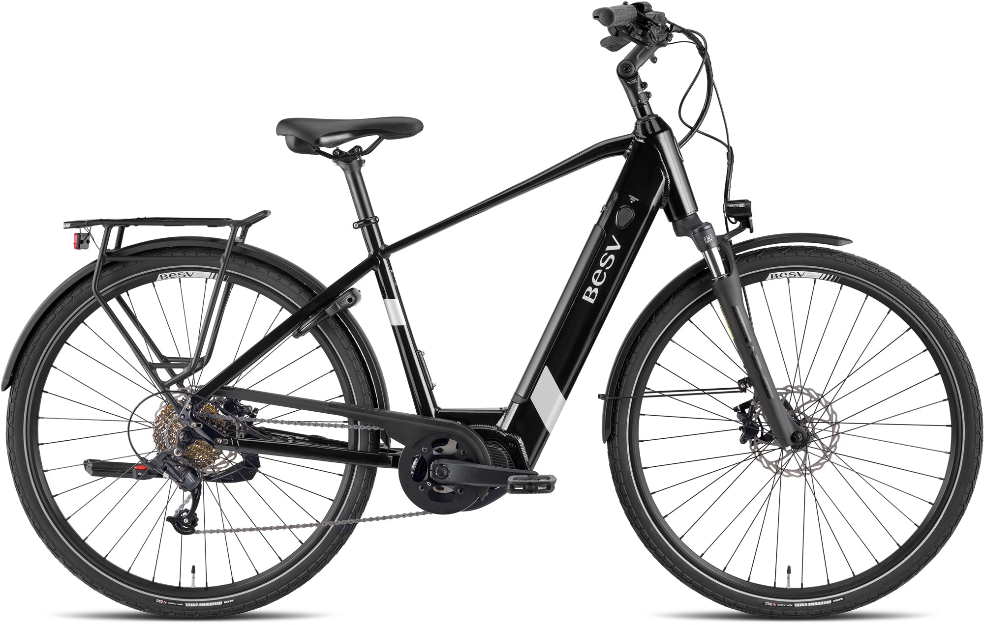 A product image of the BESV TR 2.1 electric bike, showing the crossbar frame variant in a black colour, shown from the right side.