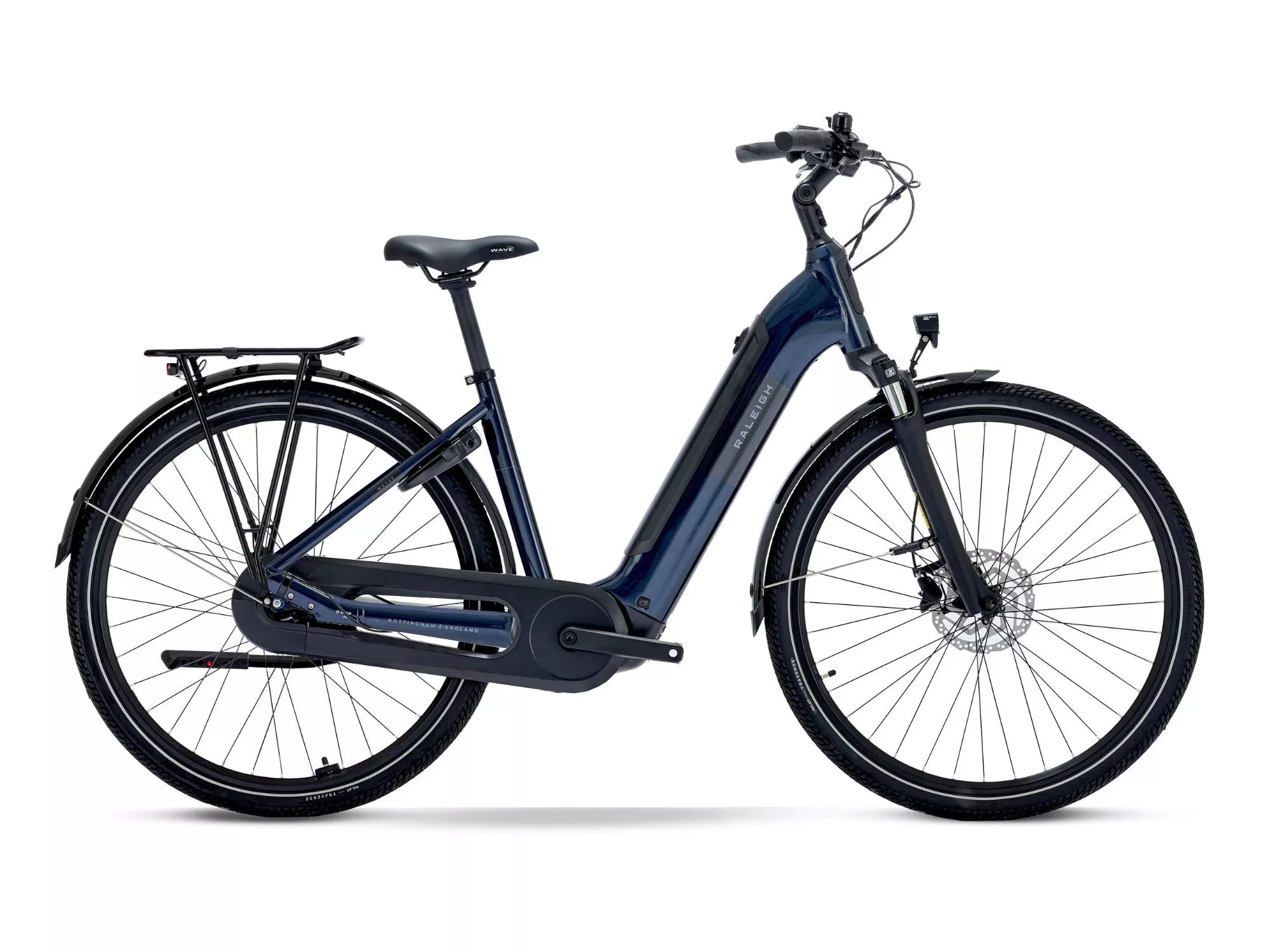 Navy electric bike on a white background.