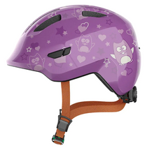 Load image into Gallery viewer, A product image of the Abus Smiley 3.0 children&#39;s bicycle helmet with the purple star colour.
