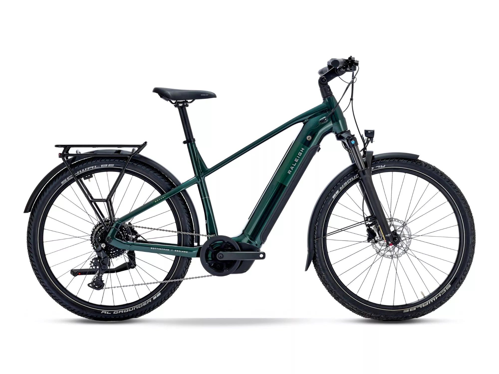 Forest Green Raleigh Novus Plus electric bike with crossbar frame