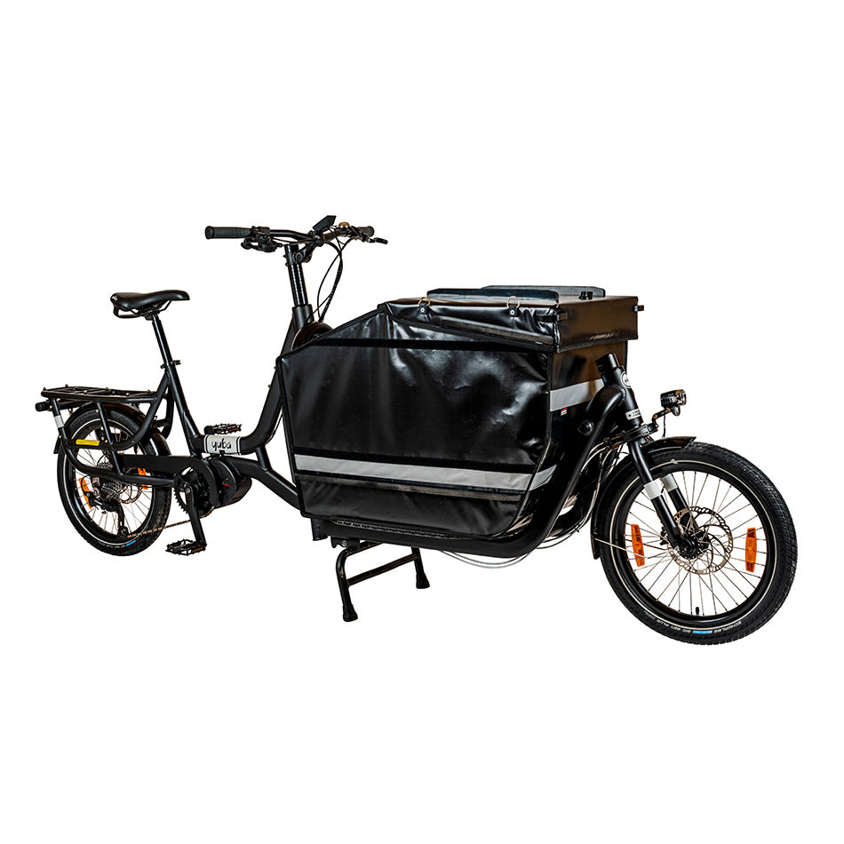 A product image of the Yuba Supercargo CL electric cargo bike with the professional box on the front loading area. This box is weatherproof and can be locked to keep its contents secure.