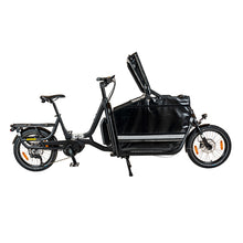 Load image into Gallery viewer, A side view of the Yuba Supercargo electric cargo bike with the professional delivery box attached to the front. The lid of the box is in its open position. 
