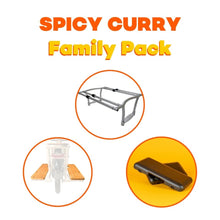 Load image into Gallery viewer, A product image for the Yuba Spicy Curry Family pack which shows the three products in the pack: The Yuba Monkey Bars, The Yuba Spicy Curry Sideboards, and the Yuba Soft Spot.
