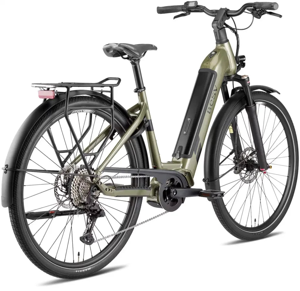 A product image of the BESV TR 1.1 electric bike, with the low-step frame variant, taken from the back right side. 