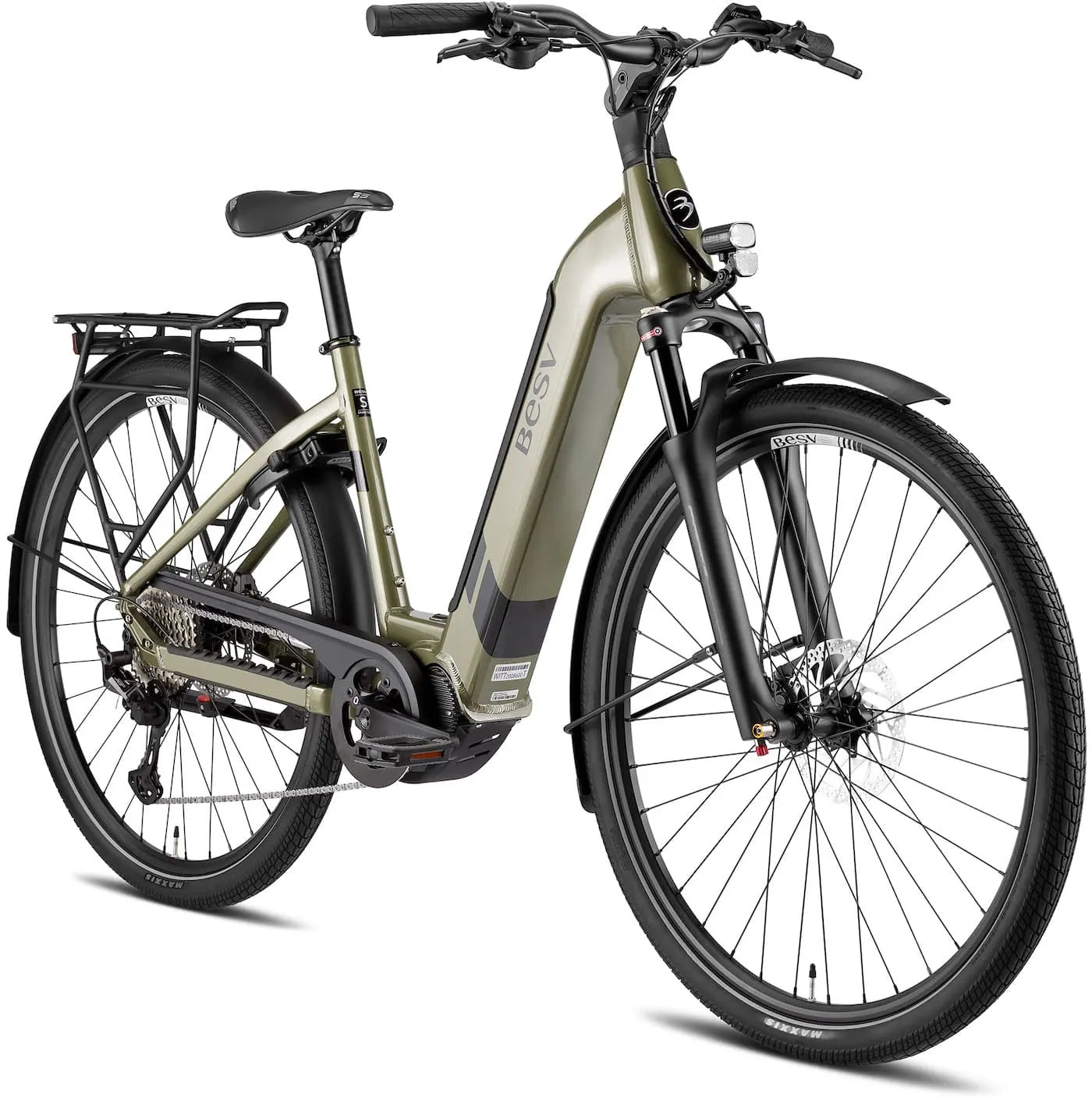 A product image of the BESV TR 1.1 electric bike, with the low-step frame variant, taken from the front right side. 