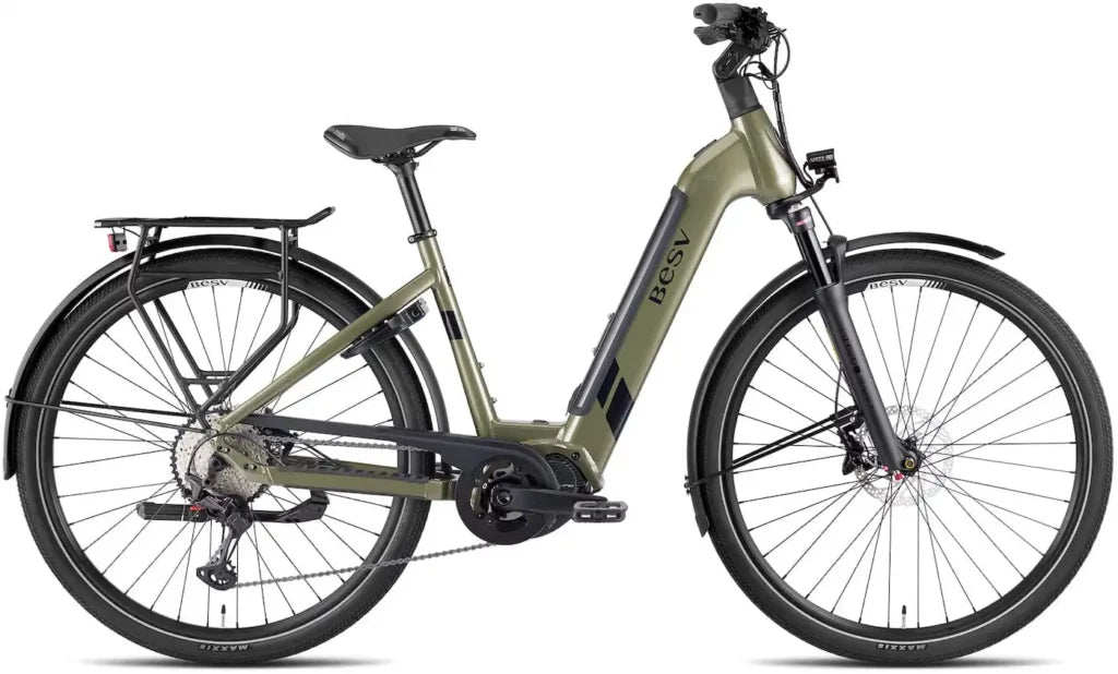 A product image of the BESV TR 1.1 electric bike, with the low-step frame variant, taken from the right side. 