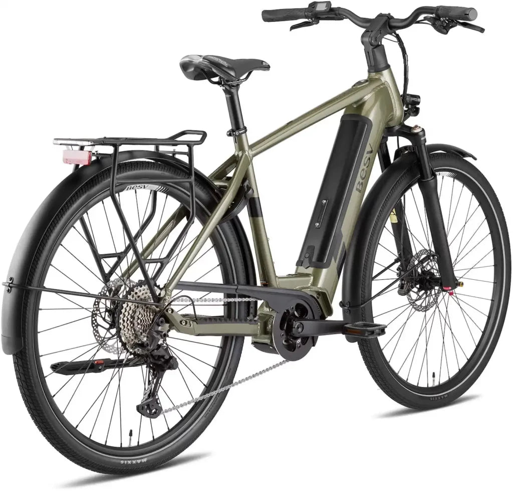 A product image of the BESV TR 1.1 electric bike, with the crossbar frame variant, taken from the back right side. 