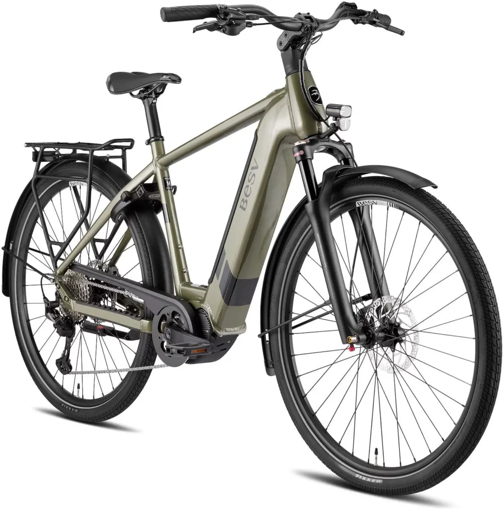 A product image of the BESV TR 1.1 electric bike, with the crossbar frame variant, taken from the front right side. 