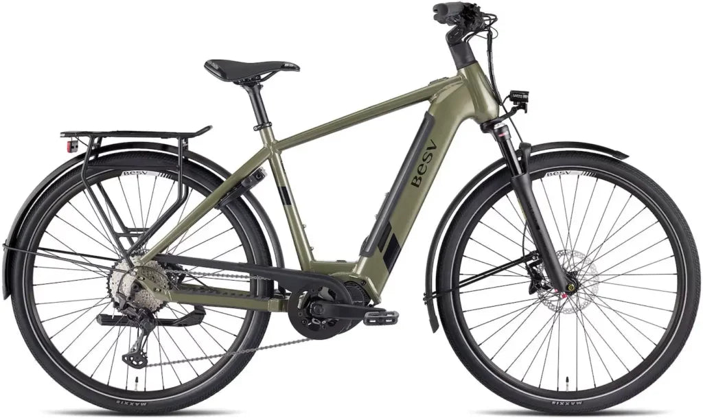 A product image of the BESV TR 1.1 electric bike, with the crossbar frame variant, taken from the right side. 