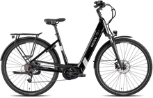 Load image into Gallery viewer, A product image of the BESV TR 2.1 electric bike, showing the step-through frame variant in a black colour, shown from the right side.
