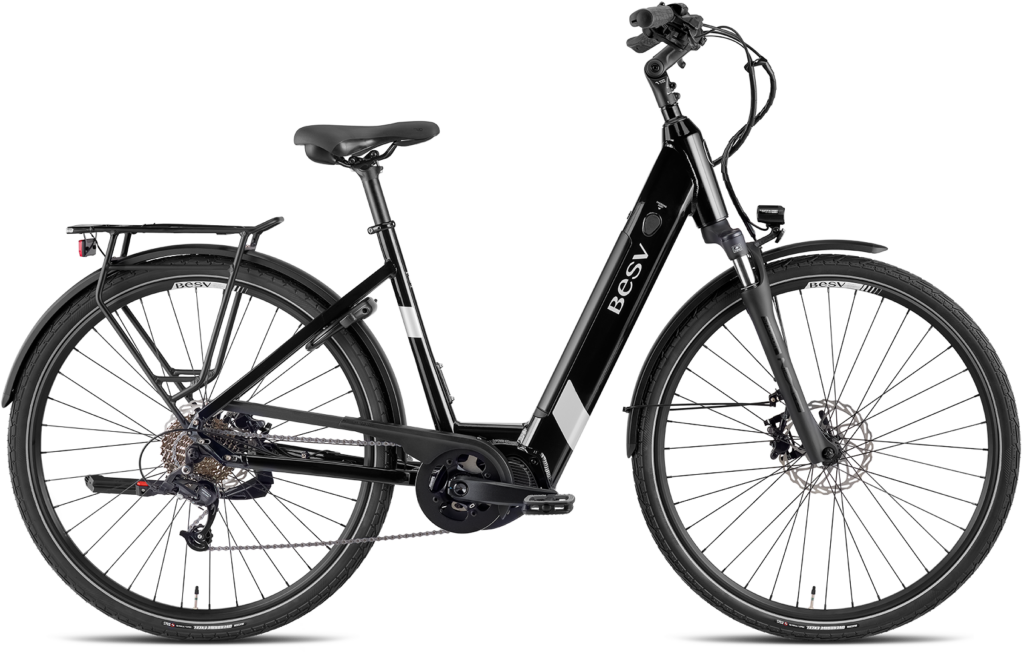 A product image of the BESV TR 2.1 electric bike, showing the step-through frame variant in a black colour, shown from the right side.