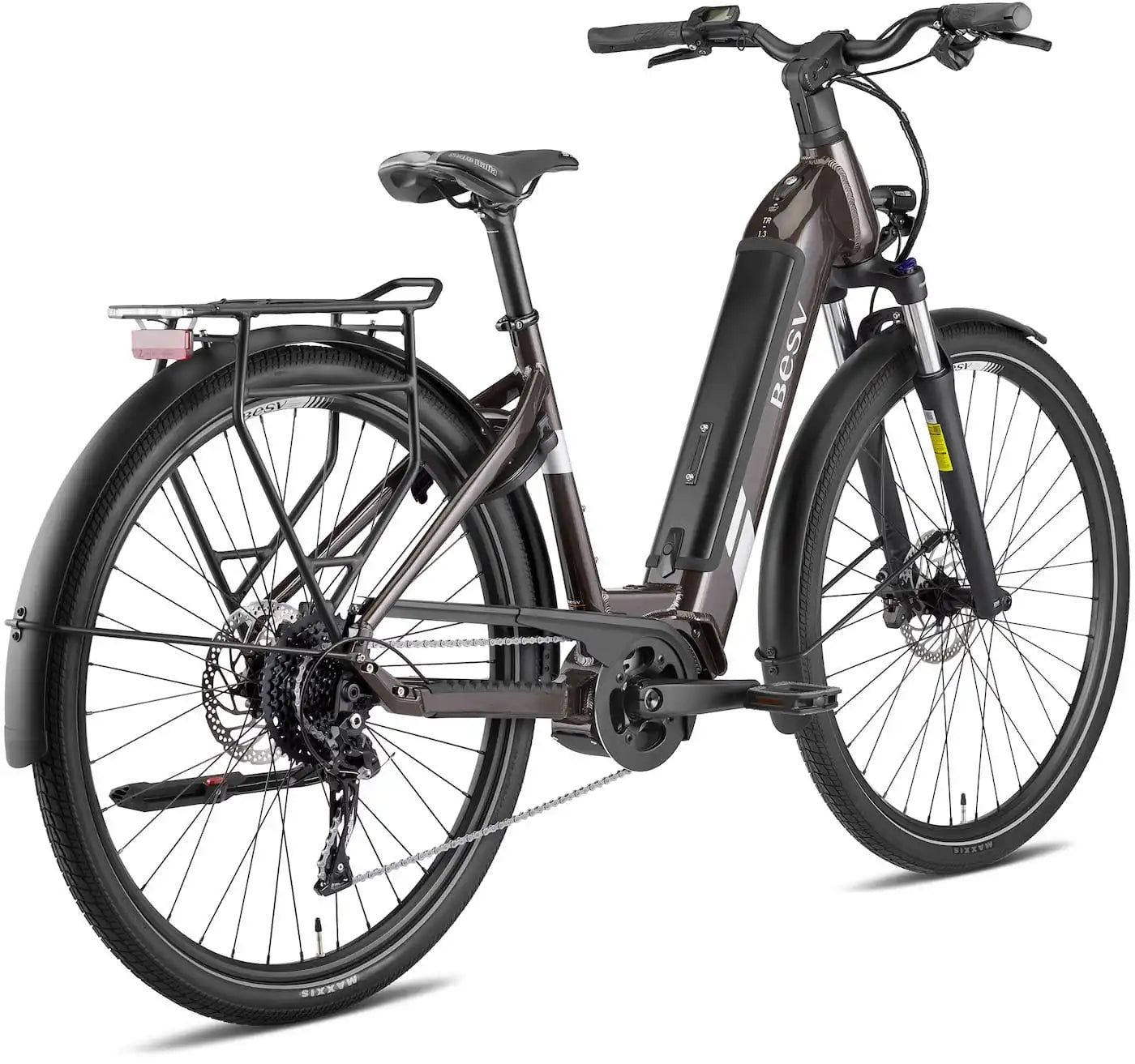 A product image of the BESV TR 1.3 electric bike, with the low-step frame variant, taken from the back right side. 