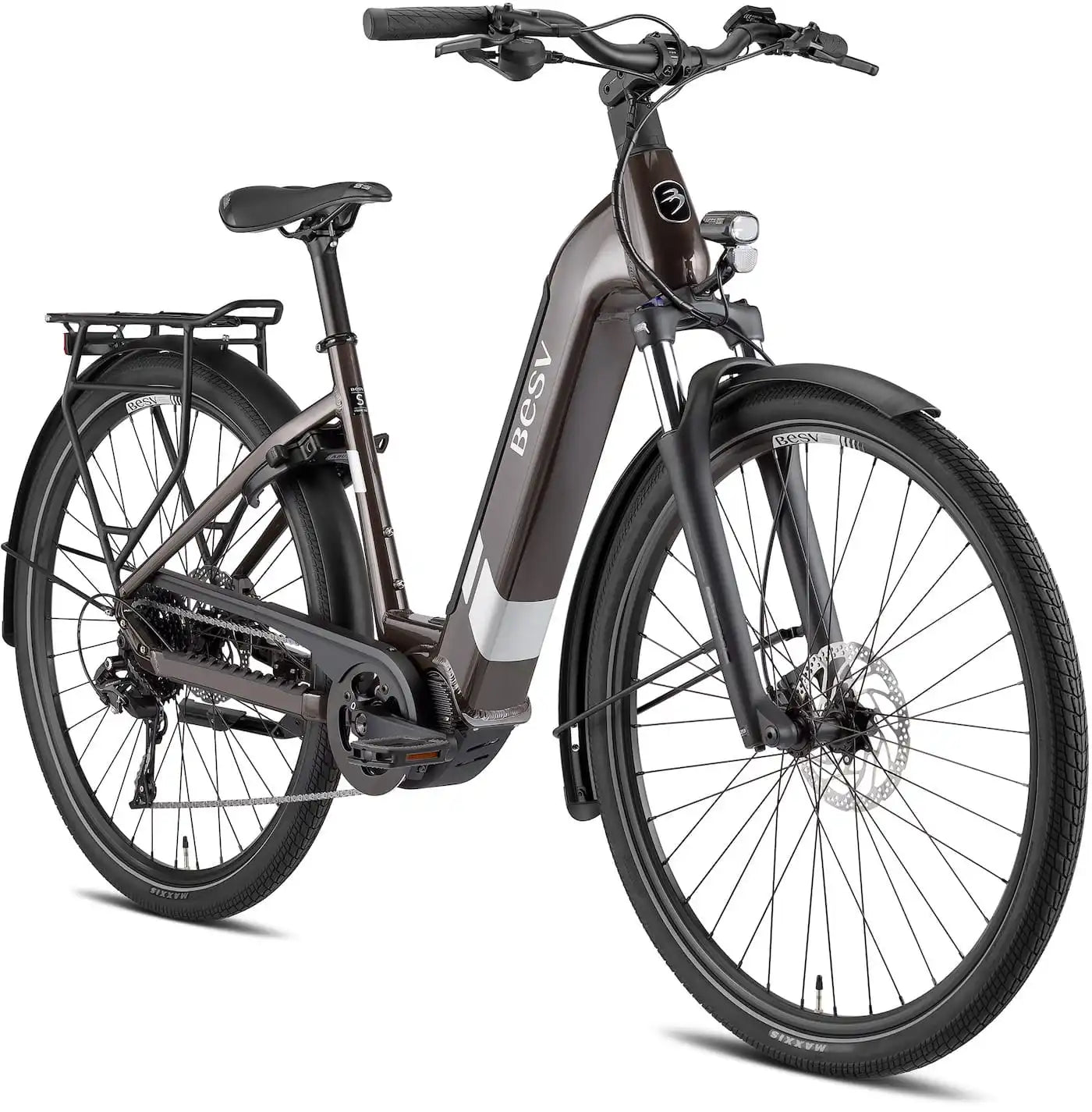 A product image of the BESV TR 1.3 electric bike, with the low-step frame variant, taken from the front right side. 