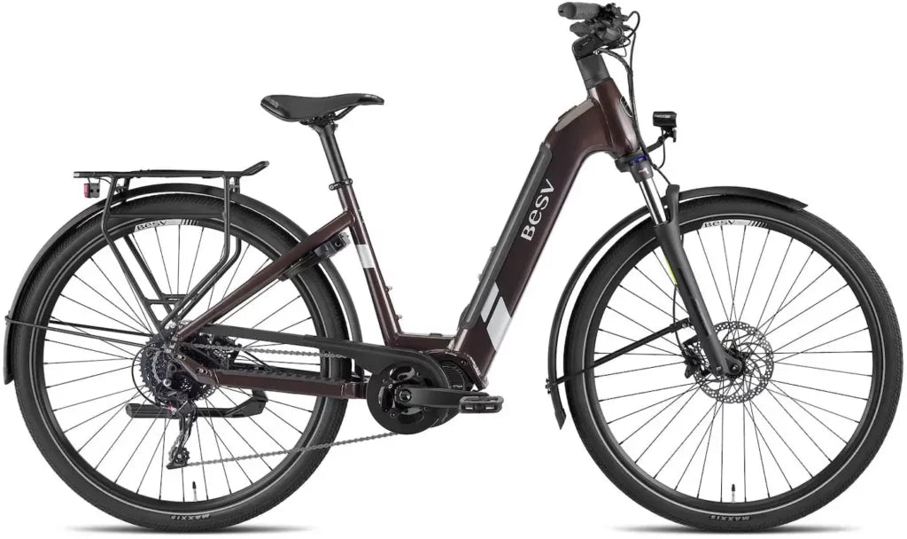 A product image of the BESV TR 1.3 electric bike, with the low-step frame variant, taken from the right side. 