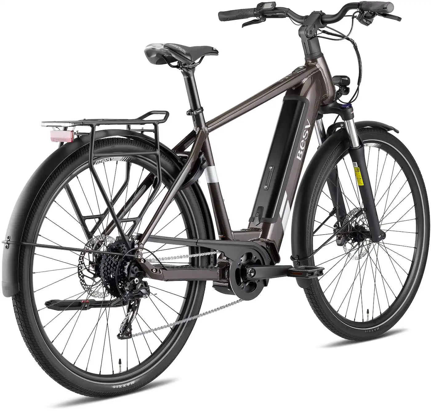 A product image of the BESV TR 1.3 electric bike, with the crossbar frame variant, taken from the back right side. 