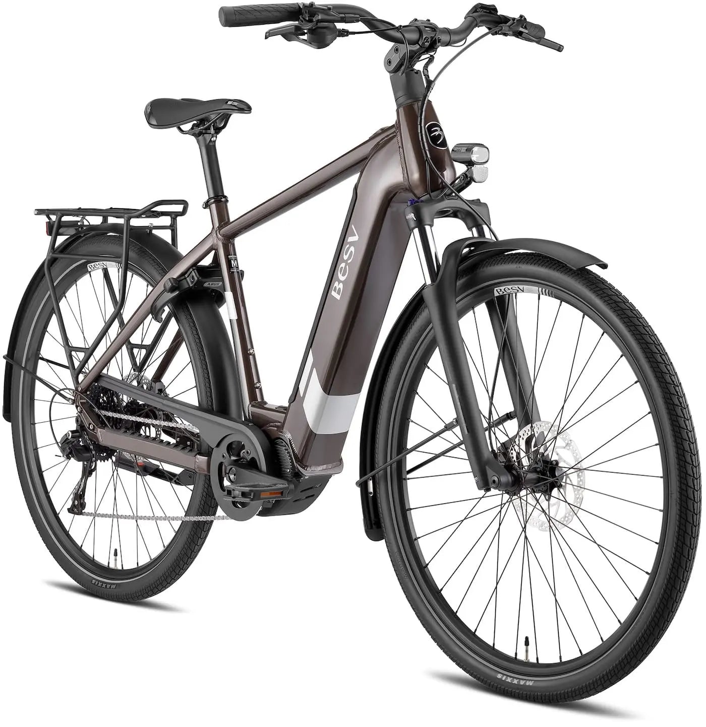 A product image of the BESV TR 1.3 electric bike, with the crossbar frame variant, taken from the front right side. 