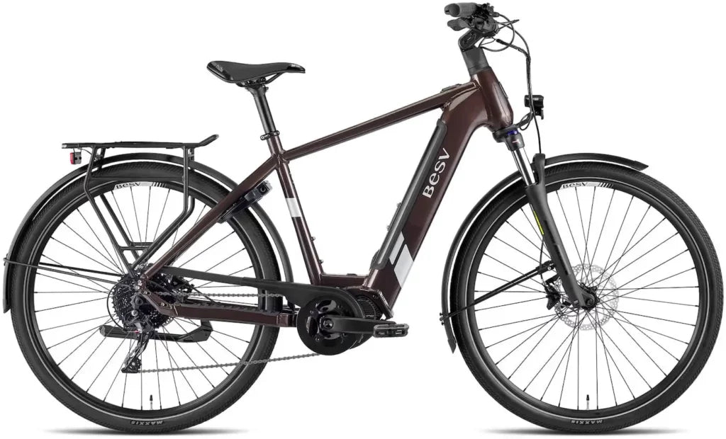 A product image of the BESV TR 1.3 electric bike, with the crossbar frame variant, taken from the right side. 