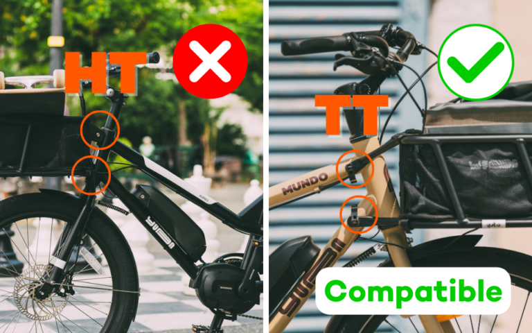 A photo displaying the difference between Yuba cargo bikes which use the Head Tube (HT) and Top Tube (TT) fixation methods for attaching accessories such as baskets to the front of the bike.