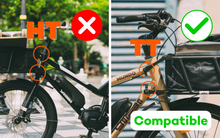 Load image into Gallery viewer, A photo displaying the difference between Yuba cargo bikes which use the Head Tube (HT) and Top Tube (TT) fixation methods for attaching accessories such as baskets to the front of the bike.
