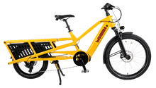 Load image into Gallery viewer, A product image of the Yuba Spicy Curry V4 electric longtail cargo bike. The frame colour is Hello Yellow and the bike is in its basic set up, with no accessories attached. 
