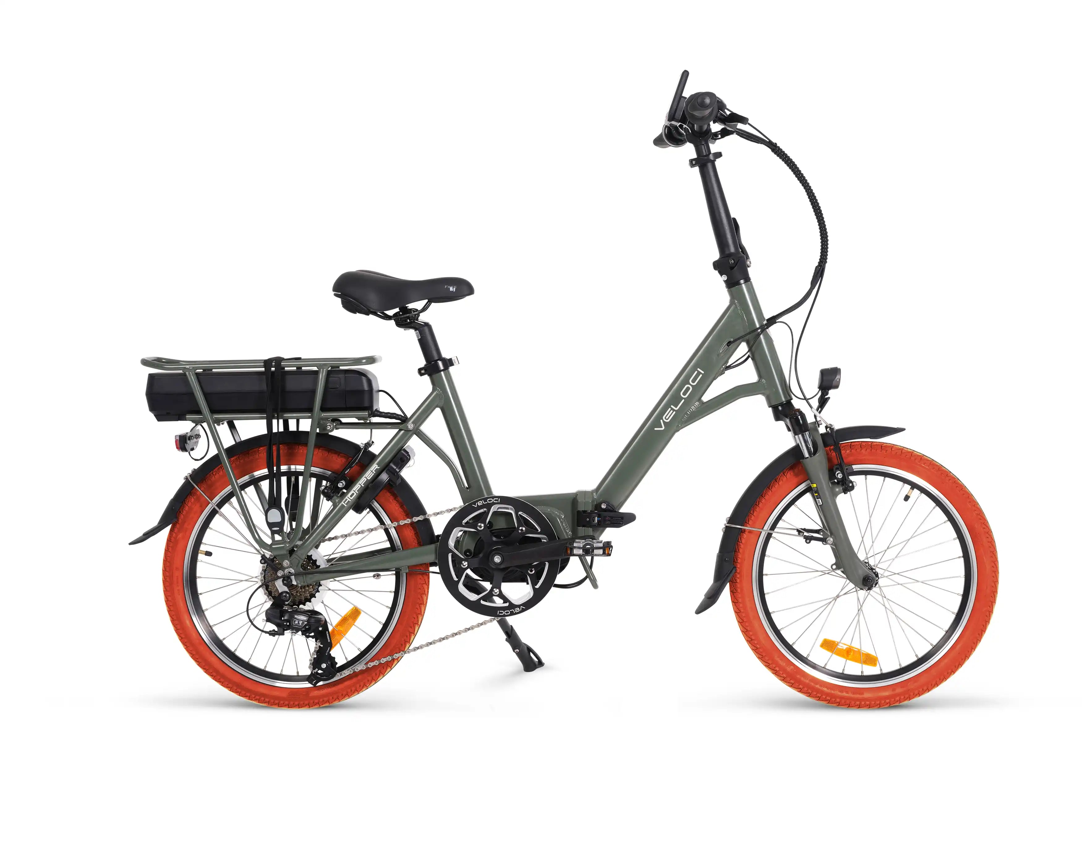 A product image of the Veloci Hopper folding electric bike from LeaseBike by Bleeper, showing the right side of the bike against a white background. The bike frame is an army green colour, while it has distinctive orange tyres - a feature of LeaseBike.