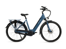 Load image into Gallery viewer, A product image of a Veloci Solid electric bike. The photo is taken straight-on against a white background, displaying all the features on the righthand side of the electric bike. The electric bike has a dark blue frame, the colour is called &quot;Eclipse Blue.&quot; 
