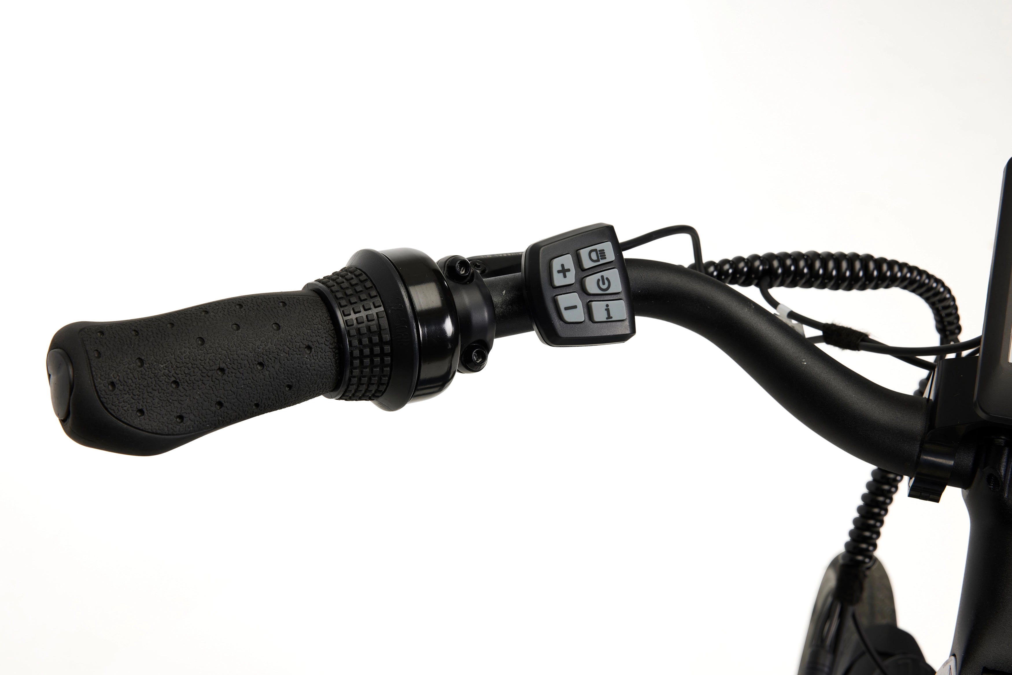 A close-up photo of the controls on the left side of the handlebars of the Veloci Solid electric bike. The controls for the electric assist are shown beside the handlebar grips. 