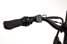 Load image into Gallery viewer, A close-up photo of the controls on the left side of the handlebars of the Veloci Solid electric bike. The controls for the electric assist are shown beside the handlebar grips. 
